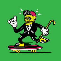 Fototapeta na wymiar Skateboarding Funky Skull Wearing Snapback in Tuxedo Mascot Character Design Hand Drawing Vector