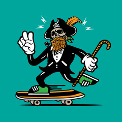 Skateboarding Dead Pirates Skull in Tuxedo Mascot Character Design Hand Drawing Vector