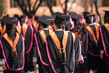 Rear view of university graduates wearing graduation gown and cap in the commencement day