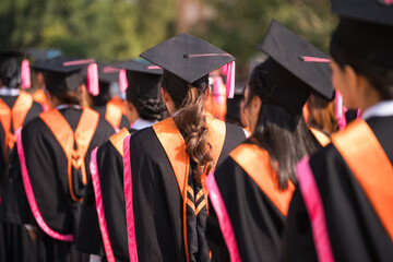 Rear view of university graduates wearing graduation gown and cap in the commencement day