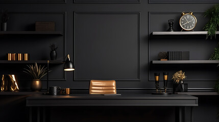 Luxury Office Background, Luxury Home Office Background, A black and gold office with a leather chair and a desk with a lamp, AI generated