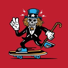 Skateboarding Skull Uncle Sam in Tuxedo Mascot Character Design Hand Drawing Vector