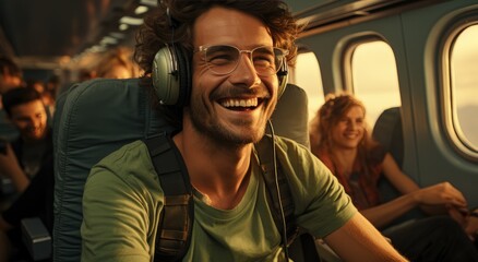 A contented train passenger wearing glasses and headphones beams with joy as he enjoys his own personal soundtrack