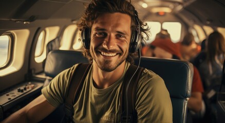 A contented passenger sporting headphones flashes a charming smile on a crowded plane, exuding a sense of comfort and style amidst the chaos of indoor travel