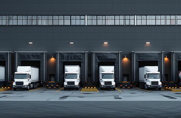 Industrial Elegance - Opaque Resin Panels Showcasing Five White Trucks and Cargo in a Warehouse Parking Lot - obrazy, fototapety, plakaty