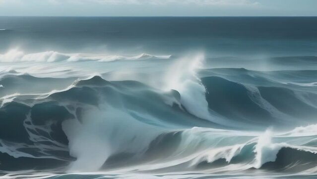Dramatic waves in a turbulent sea captured with a misty, ethereal quality.