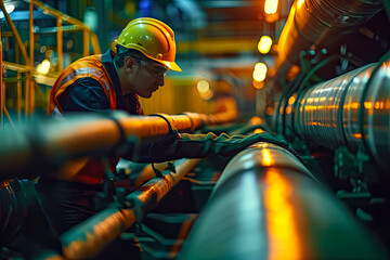 Male worker inspecting steel long pipes and pipe bends in factory of the oil refining and gas industry. Place for text - obrazy, fototapety, plakaty