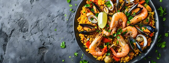 Spanish Paella - Seafood-Based on Gray and Gold Plate, Minimalist Panoramic closeup view