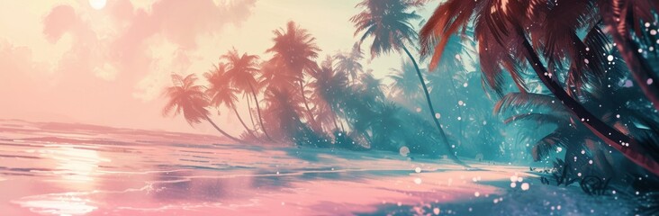 Sandy Beach Wallpaper and Design with Palm Trees and Waves, Generative AI
