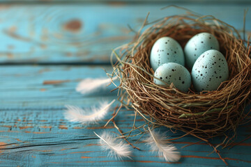 Naklejka na ściany i meble bird eggs in a nest with feathers on a blue wood background