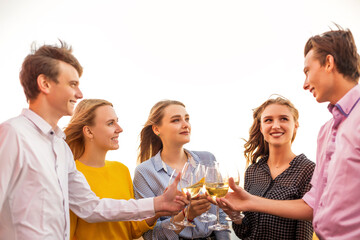 Cheerful friends drinking white wine during roof party