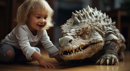 A curious toddler marvels at the scaled skin of a friendly reptile, their human faces mirroring wonder and joy in this indoor exploration