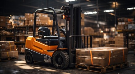 A forklift truck sits idle inside a warehouse, its tire pressed against the smooth ground as it patiently awaits its next journey through the building
