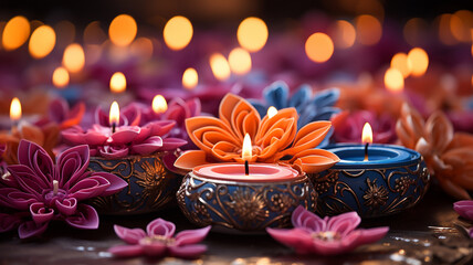 Colorful clay diya lamps with flowers on purple background, Generative AI.