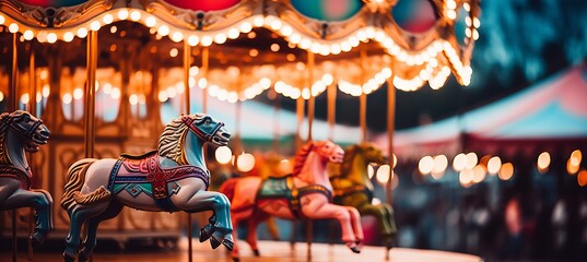 Fototapeta premium Vibrant close up of colorful carousel in motion with lively details and bright lights