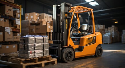 A sturdy forklift truck sits parked on the warehouse floor, its yellow body gleaming under the indoor lights as it awaits its next task of moving heavy boxes with its powerful wheels and tires