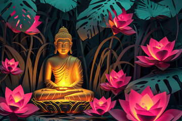 glowing golden buddha face decorated with pink lotuses, jungle nature background