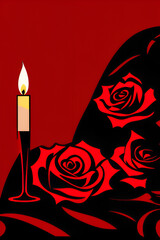 Elegant Luxury Romantic dinner setting at sunset with candlelight and red roses in plate on table for lovely valentines day anniversary special occasion celebration concept background pop art style