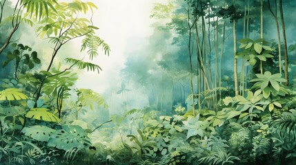 Rainforest, ecology, nature, bio-diversity background. Water color drawing of tropical rain forest. Wide format