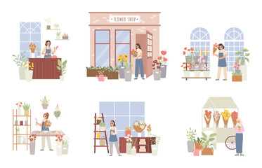 Florist scenes. Women working in flower shops and market. Happy girl with flowers, doing bouquets and care branches. Professional snugly vector set