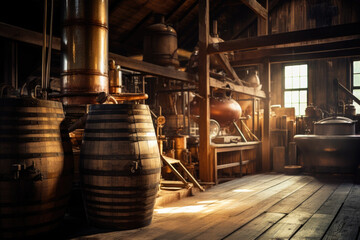 Whisky in barrels at the rustic whiskey distillery