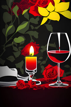 Romantic dinner setting at sunset with glasses for wine with blooming rose flowers and lit candle on table for lovely valentines day anniversary special celebration concept background pop art style