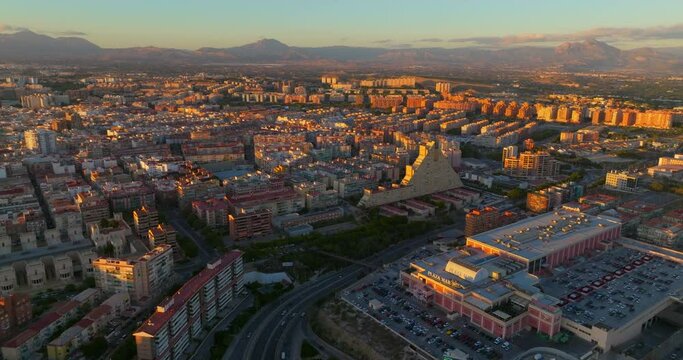 Alicante. Sunset over the city center of Alicante city, Spain. Aerial view of a Spanish city. Sunny city by the sea