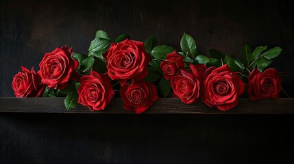 Bouquet of roses positioned on a dark wooden shelf