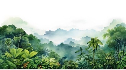 Fototapeta na wymiar Rainforest, ecology, nature, bio-diversity background. Water color drawing of tropical rain forest. Wide format