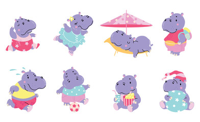 Funny hippo. Children hippos mascots, animals ballet dancing, play soccer, eating and go to sleep. Cute animal characters for stickers, nowaday vector set