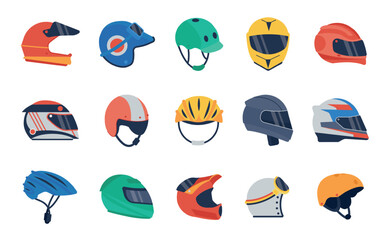 Cartoon helmets set. Bikers helmet collection, isolated head protect for moto sport or bicycle. Driver safety accessories, decent vector equipment