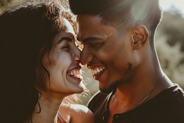 Close-up portrait of a couple smiling happily facing each other