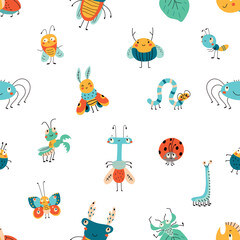 Insects seamless pattern. Hand drawn insect fabric print. Childish doodle nature characters, cute bug and butterfly. Nowaday vector cartoon design