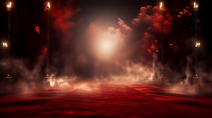 Fototapeta premium Red carpet on the stairs on dark background, the way to glory, victory and success
