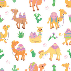 Camel seamless pattern. Cartoon camels fabric print, cute arabian style animals. Decorative design for children with funny characters, nowaday vector background