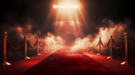 Red carpet on the stairs on dark background, the way to glory, victory and success