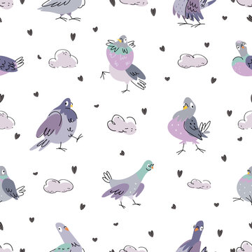 Cartoon pigeon seamless pattern. Pigeons various emotions, isolated funny dove. Urban birds cute fabric print design, nowaday vector background