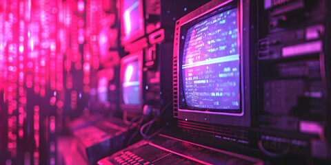 Vintage computer screen displaying 80s retro wave style background with vhs noise and glitch effects. Suitable for digital art, entertainment, and music themes. - obrazy, fototapety, plakaty