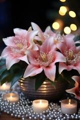 Festive Poinsettia Display: Pink Poinsettias with Green Foliage and Silver Beads - Valentine's Day Concept