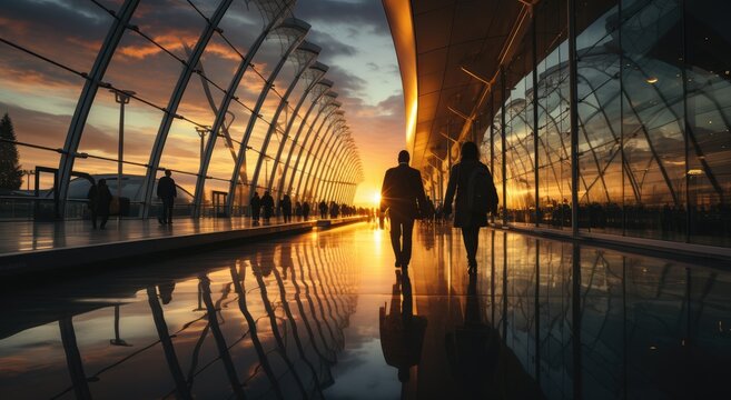As the clouds drift overhead, the silhouettes of people stroll along a glass walkway, reflecting the vibrant sunset and sunrise over the tranquil waters below