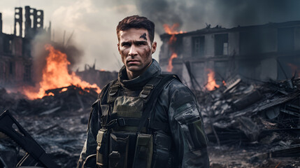 The military man stands on the street in the middle of a destroyed city. There are ruins all around, walls of houses, burning and smoking military equipment and tanks. The concept of modern war