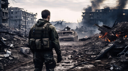The military man stands on the street in the middle of a destroyed city. There are ruins all around, walls of houses, burning and smoking military equipment and tanks. The concept of modern war
