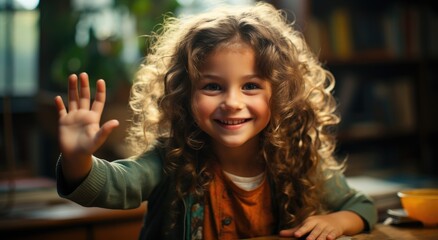 A cheerful young girl with a contagious smile, adorned in stylish clothing and boasting curly locks, waves at the camera from an indoor setting