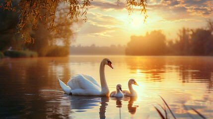 At sunset, the swan and its child are on the water - obrazy, fototapety, plakaty