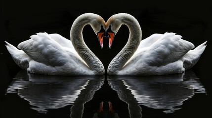 Two white swans in love on a black background - obrazy, fototapety, plakaty