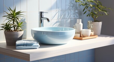 Fototapeta premium An elegant bathroom design features a vibrant blue sink on a ceramic counter, adorned with a houseplant in a flowerpot and a vase on the wall, creating a peaceful indoor oasis