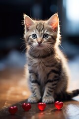 Adorable Tabby Kitten with Knitted Heart: Innocence and Love on Textured Blanket - Valentine's Day Concept