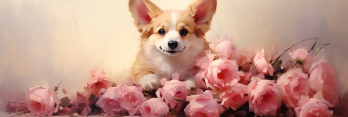 Corgi with Red Rose: Soft Pink Background and Rose Petals - Valentine's Day Concept