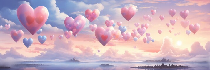 Fototapeta na wymiar Whimsical Heart Clouds: Fluffy Shapes in Light Blue Sky - Valentine's Day Concept
