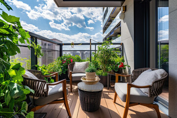 Modern seating area on the balcony is decorated with green plants and Cozy armchairs